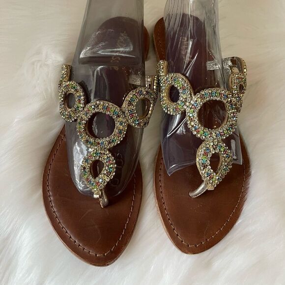 Matisse leather gold upper with multi color rhinestones thong flats sandals Sz7M - Picture 1 of 6